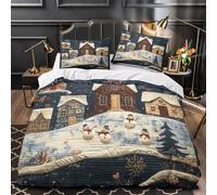 Escena de pueblo invernal Funda de Edredón Microfibra Suave Diseño 3D 3 Piezas Cremallera Oculta con Fundas de Almohada Suave Cabaña acogedora Funda Edredon for familia Super king（260x220cm）