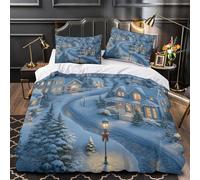 Escena de pueblo invernal Funda de Edredón Suave 3 Piezas Diseño 3D Cierre de Cremallera Oculta con Fundas de Almohada Suave Luces navideñas brillantes Funda Edredon for niños Single（140x200cm）