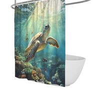 Escena del océano iluminada por el sol cortina de ducha coral de arrecife tortuga peces cortinas de ducha vida marina arte marino decoración del baño tela de poliéster con ganchos W220xL180 cm