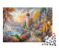 Escena del Pueblo costero Set De Rompecabezas 1000 Piezas para Coleccionistas, Papel Grueso Reciclado,Faro Ciudad Costera Regalo Parejas, Rompecabezas Decorativo 52x38cm/1000pcs