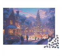 Escena del Pueblo de Navidad Rompecabezas 1000 Piezas para Adultos, Cartón Grueso Reciclado Premium,Xmas Town Glowing Street Decoración Mural Hogareña, Exhibición Mural, Reto Cerebral 70x50cm/1000pcs