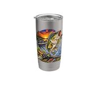 Escena épica de pesca de lubina con barco en un lago al atardecer Vaso térmico de acero inoxidable de doble pared
