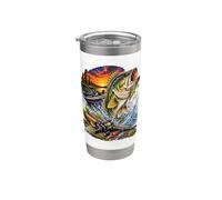 Escena épica de pesca de lubina con barco en un lago al atardecer Vaso térmico de acero inoxidable de doble pared