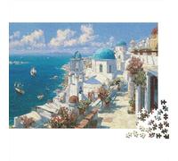 Escena Isla Griega Rompecabezas de 1000 Piezas para Adultos Escena de Cúpulas Azules Frente al Mar en Santorini Premium Robusto Vibrante Desafiante Alivio de Estrés 70x50cm/1000pzs