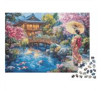 Escena Jardín Japonés Rompecabezas de 1000 Piezas para Adultos Geisha Junto a Estanque de Koi y Pabellón Tradicional Robusto Vibrante Desafiante Alivio de Estrés Regalo Familiar 38x26cm/1000pzs