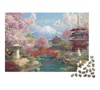Escena Jardín Japonés Rompecabezas de 1000 Piezas Regalo de Cumpleaños para Adultos Jardín de Sakura con Monte Fuji y Vista de Arcoíris Robusto Vibrante Desafiante Alivio de Estrés 70x50cm/1000pzs