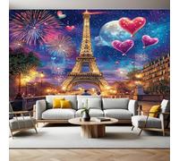 Escena Nocturna de La Ciudad Fotomurales Tejido no Tejido Torre Eiffel, París Papel Pintado Decor de Pared Murales Póster Efecto 3D Papel Tapiz Moderno para Dormitorio Salón TV Pared 300 x 210 cm
