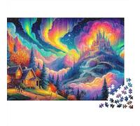 Escena Nocturna Fantasía Puzzle Grueso 1000 Piezas Adultos Castillo Aurora Cabaña Premium Robusto Vibrante Desafiante Duro Difícil Alivio Estrés 52x38cm