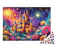 Escena Nocturna Fantasía Resistente Rompecabezas 1000 Piezas para Adultos Castillo Mágico Cielo Estrellado Flores, Premium Grueso, Vibrante Desafiante Alivio Estrés Juego 38x26cm/1000pzs