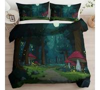 Escena Nocturna Hongos Luciérnagas Juego de Cama 90 Funda Nórdica 150 x 200 cm, Bosque De Dibujos Animados Transpirable Funda Nordica Verde Fundas Nórdicas Acurrucada con Cierre de Cremallera