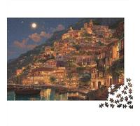 Escena Nocturna Pueblo Mediterráneo Puzzle de 1000 Piezas Papel Puzzle para Adultos Relajación Enfoque Puzzle para Toda la Familia Decoración Regalo 52x38cm/1000pcs