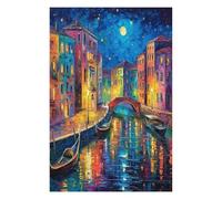Escena Nocturna Veneciana Puzzles 1000 Piezas Decorativo Hogar Vista Nocturna a la Ciudad Obra De Arte Rompecabezas Familiar para Adultos Desafío Intelectual DIY Creativo 1000 PCS