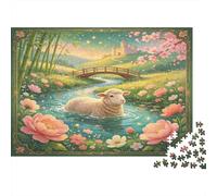 Escena Pastoral Oveja Puzzle de 1000 Piezas Papel Adultos Río Jardín Primaveral Relajación Concentración Decoración Regalo 52x38cm/1000pcs