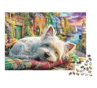 Escena Playa Schnauzer Rompecabezas 1000 Piezas Adultos Gato Blanco Esponjoso Durmiendo en Jardín, Premium Grueso Resistente, Vibrante Desafiante Alivio Estrés Regalo 70x50cm/1000pzs
