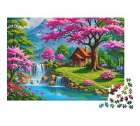 Escena primaveral en una cabaña con Coloridos cerezos en Flor Junto a una Cascada. Rompecabezas de 1000 Piezas para Adultos y niños. Un desafío para la Mente. 70x50cm/1000 Piezas.
