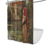 Escena romántica de Mediados de Siglo, Cortina de Ducha, Dama con Velo Rojo y Castillo Junto al Lago, Cortina de bañera Impermeable Lavable a máquina 150 x 200 cm