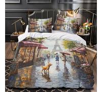 Escena romántica en París Funda de Edredón Cremallera Oculta 3 Piezas Microfibra Suave Diseño 3D con Fundas de Almohada Suave acuarela Calle Romántica Funda Edredon for niños King（220x240cm）