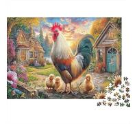Escena Rural de Gallo Rompecabezas de Papel Grueso Gallo con Pollitos en el Patio del Pueblo, Pack Regalo de Rompecabezas contra el aburrimiento 52x38cm/1000 Piezas