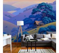 Escena Una Cabaña Montaña Papel Pintado, 300 X 210 Cm Pared Papel Pintado, Bosque Eucaliptos En La Ladera Decoración De Paredes Para Salón Dormitorio Pasillo Comedor, Azul Marino