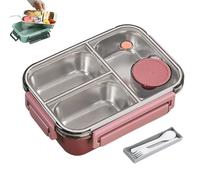 Escentio Lunch Box, Stainless Steel Portable Escentio Lunch Box, with Tableware and Divided Compartments, for Office, Travel, Field Lodgings (Red,3-grids)
