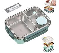 Escentio Lunch Box, Stainless Steel Portable Escentio Lunch Box, with Tableware and Divided Compartments, Portable Large Capacity, for Office, Travel, Field Lodgings (Green,2Grid)