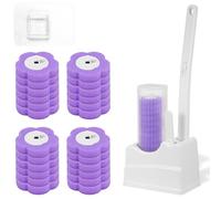 Escobilla de baño desechable con 48 cabezales de escobilla de inodoro, espuma de repuesto, de inodoro desechable con mango extendido, soporte para baño, bañera y suelo (36 morados+base)