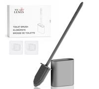 Escobillas de inodoro y soportes de silicona, paquete de 1 mango largo antideslizante, cerdas flexibles para una fácil limpieza, base moderna sin goteo, juego de cepillo de baño gris duradero con