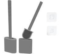 Escobillas de Inodoro y Soportes de Silicona - Paquete de 2 Mango Largo Antideslizante, cerdas Flexibles para una fácil Limpieza - Base Moderna sin Goteo, Juego de Cepillo de baño Gris Duradero con