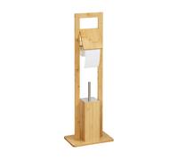 [en.casa] Escobillero de Pie con Portarrollos con Escobilla Juego de Baño Set de Aseo Inodoro Bambú/Acero/Plástico 83 x 28 x 18 cm Natural/Plateado