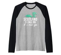 Escocia Llamando Y Debo IR Meme escocés Monstruo del Lago Ness Camiseta Manga Raglan