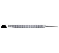 Escofina media caña con mango ergonómico, grano fino y grueso, ideal para dar forma y suavizar superficies en trabajos de carpintería.