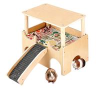 Escondite de conejillo de indias de varios pisos, cama de madera con escaleras y esteras, casa de hámster de madera, casa desmontable, hámster multicámara para conejo, chinchilla hábitat (amarillo)