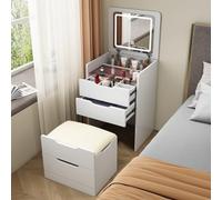 Escritorio 3 en 1 con tapa abatible, pequeña mesa de maquillaje con espejo y luz de brillo ajustable, tocador esquinero compacto con panel de escritorio plegable, taburete oculto suave, 4 cajones
