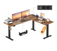 VASAGLE Escritorio Ajustable en Altura, 190 x 155 cm, Escritorio Esquinero en L, 2 Tomas CA, 2 Puertos USB-A, Estante para Regleta, para Oficina, Marrón Rústico LSD295KD01