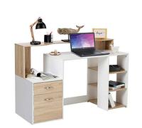 Escritorio Bakaji con cajón y armario, mesa de trabajo, puerta para ordenador, ordenador en madera de melamina, muebles de oficina en casa, blanco, beige