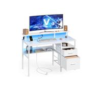 VASAGLE Escritorio con Cajones de Tela, Luces LED y Tomas Corriente Incorporadas, Estante para Monitor, 55 x 120 x 90 cm, 2 Puertos USB-A, para Oficina Casa, Blanco Arce LWD093W01