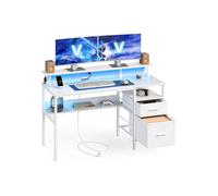 VASAGLE Escritorio con Cajones de Tela, Luces LED y Tomas Corriente Incorporadas, Estante para Monitor, 55 x 135 x 90 cm, 2 Puertos USB-A, para Oficina Casa, Blanco Arce LWD094W01