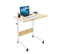 Escritorio de altura ajustable de 70 - 90 cm, mesa portátil para portátil con ruedas y freno, mesa auxiliar plegable para sofá, cama, oficina en casa, tablero de fibra de densidad media, hierro blanco