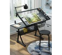 Escritorio de arte y manualidades ajustable en altura con taburete inclinable de cristal superior de 0°-50°, estación de trabajo ideal para artistas en casa, oficina, estudio, escuela y sala de
