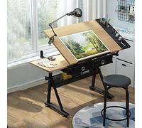 Escritorio de dibujo ajustable con mesa inclinable, 2 cajones de almacenamiento y taburete, mesa versátil de arte y corte para proyectos de manualidades y diseño en casa, oficina, estudio