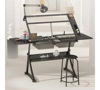 Escritorio De Dibujo con Taburete, Escritorio De Pie, Mesa De Dibujo De Altura Y Ángulo Ajustables con Cajones De Almacenamiento Y Lámpara De Escritorio, para Estudio, Oficina