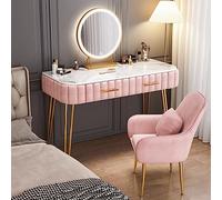 Escritorio de madera maciza para maquillaje con parte superior de mármol sinterizado, silla de espejo HD extraíble y 2 cajones deslizantes, color blanco
