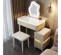 Escritorio de maquillaje blanco, tocador de madera con taburete acolchado, ideal para niñas y mujeres, perfecto para dormitorio y vestidor, muebles modernos de espacio pequeño (cuadrado, caqui, 70 cm)
