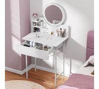 Escritorio de maquillaje con espejo iluminado LED, 1 cajón y 2 estantes abiertos, 3 modos de luz ajustables, tocador moderno con espejo grande, armario de almacenamiento para dormitorio, fácil montaje