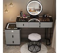 Escritorio de maquillaje con estación de carga inalámbrica, altavoz Bluetooth, espejo de maquillaje LED, 5 cajones de madera maciza, taburete de maquillaje gris para dormitorio, vestidor