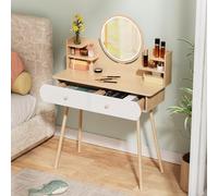 Escritorio de maquillaje con luces LED y espejo, tocador blanco con 2 cajones, estantes de almacenamiento, brillo ajustable para dormitorio, escritorio de maquillaje perfecto con silla y espejo