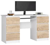 Escritorio de ordenador AKORD A11 Blanco 135 cm 6 cajones frente en color Roble Sonoma 135x50x77 cm