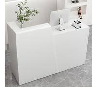 Escritorio de recepción blanco con armario de almacenamiento, mesa de mostrador para salón y salida, escritorio frontal compacto con cajón, elegante mesa de recepción de 120 cm para oficinas y salas
