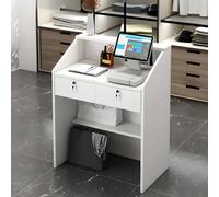 Escritorio de recepción compacto con cajón con cerradura y estantes abiertos, ideal para tiendas y oficinas, elegante mesa de cajero para una gestión eficiente del espacio de trabajo.