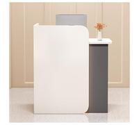 Escritorio de recepción curvado compacto para tiendas de conveniencia y boutiques de ropa. Cuenta con 2 cajones con cerradura para un almacenamiento seguro, diseño elegante y funcional